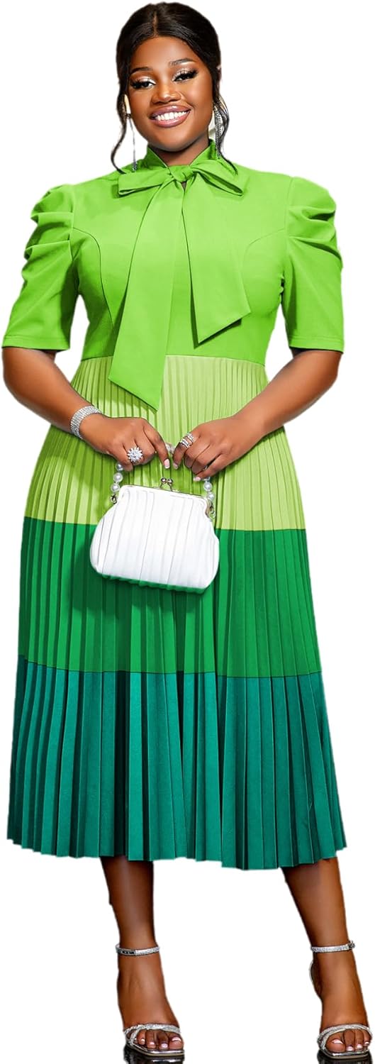 AOMEI Women's Colorblock Bowtie Neck Half Sleeve Pleated A-Line Midi Dress