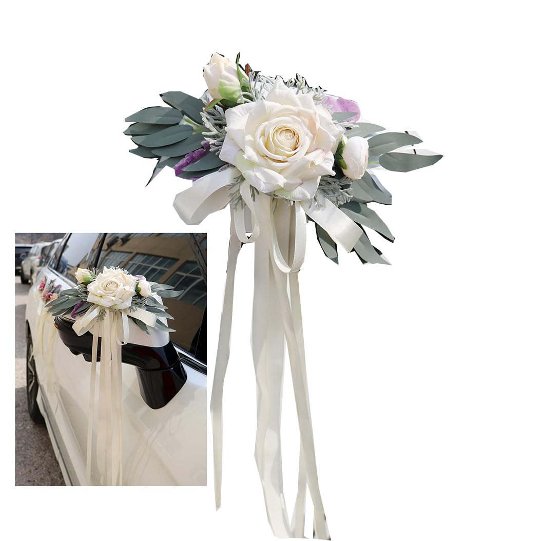 Seidenblume Autoschmuck Hochzeit Auto Car Türgriffleiste Rückspiegel Motorhaube Dekoschleife Autoschleifen Vintage Hochzeits Künstliche Blume mit Saugnäpfen Hochzeitsauto-Deko Cremeweiß 6 Stück