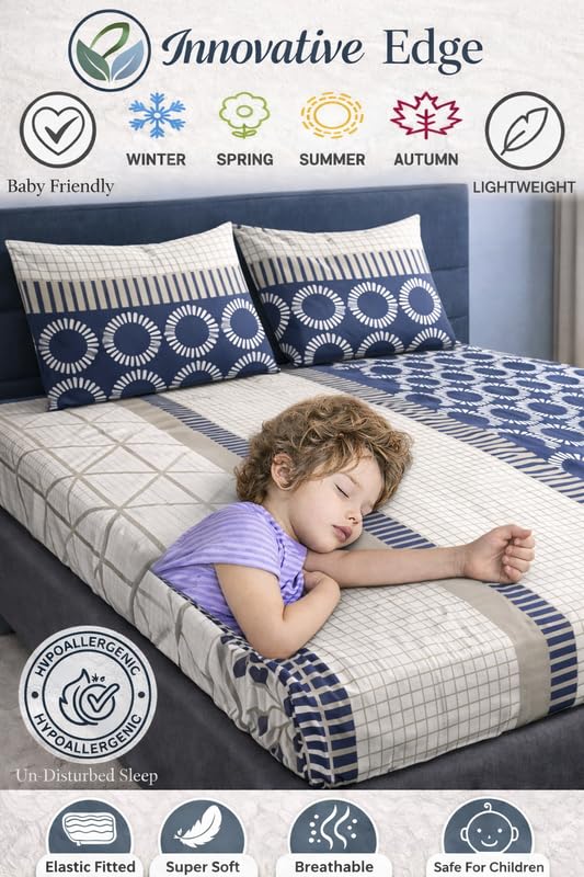 Image of Premium Glace Cotton Fitted King Size Bedsheet - 180 TC Soft Touch, Deep Pocket Snug Fit for 8 inch Mattress, Wrinkle-Free Bedspread with Pillow Covers Brown Check