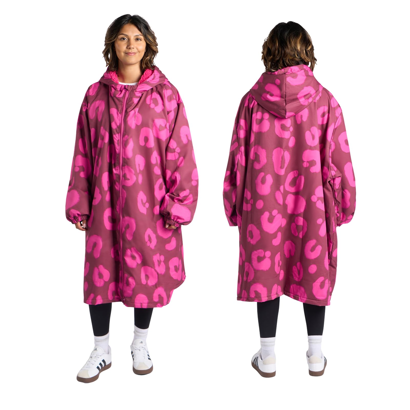 Ohs Women's Burgundy Leopard Print Jackets Changing Robe Leopard Print, Mothers Day Gifts Oversized Waterproof Jacket Lightweight Raincoat With Hood & Pockets Outdoor Breathable Dry Robe Jackets, Burgundy - L/Xl