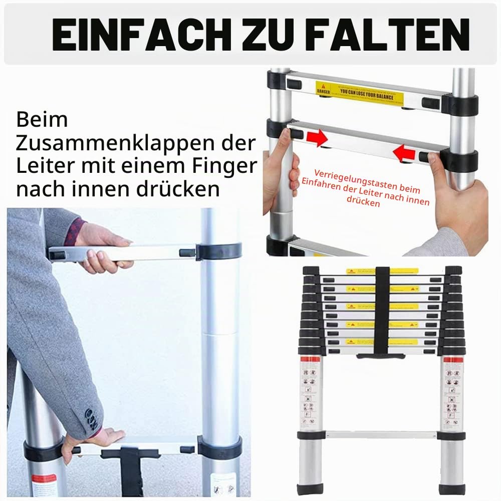 2,5+2,5m Aluminium Klappleiter Teleskopleiter, rutschfest Ausziehleiter Dachbodenleiter Ausziehbar Anlegeleiter, 8+8 Sprossen, Leicht zu Tragen, 150kg Tragkraft