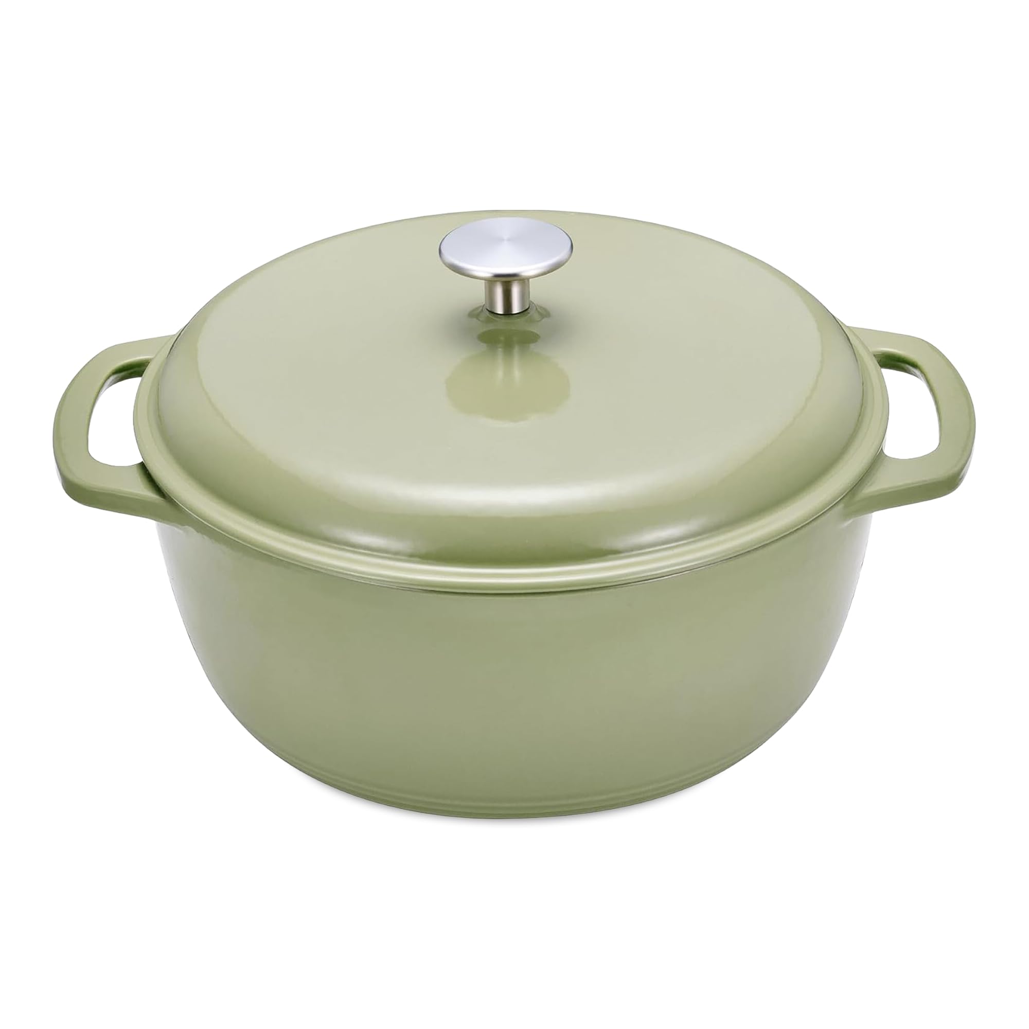 Amazon Basics Cast Iron Casserole Dish with Lid, Enamelled, Round, Heavy-Duty, 6.9 L, Olive