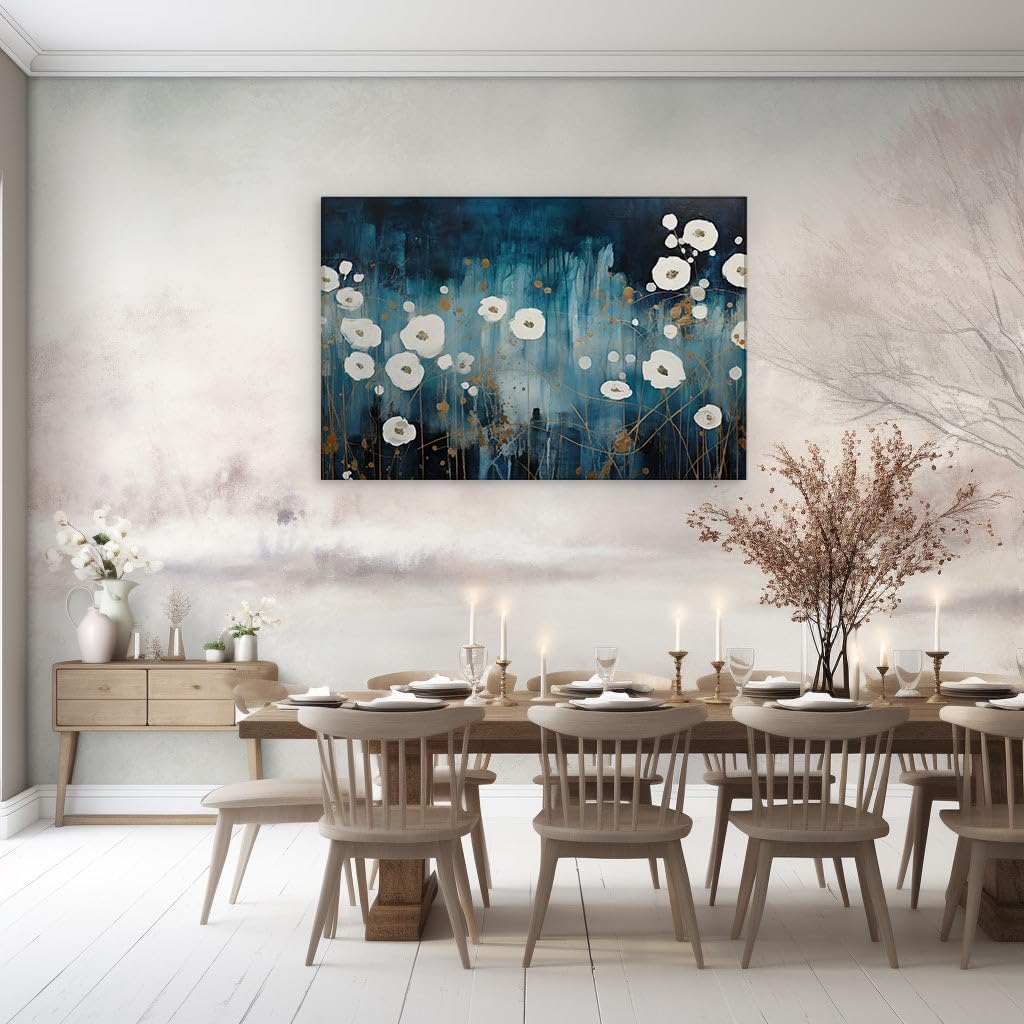 Canvas for Living room. Whispers of Sapphire Mystery: A Canvas Dance of White Blooms and Gold Elegance, 27 x 18 inch Canvas Wall Art - Ready to Hang - 69x46 cm (27x18 inch)