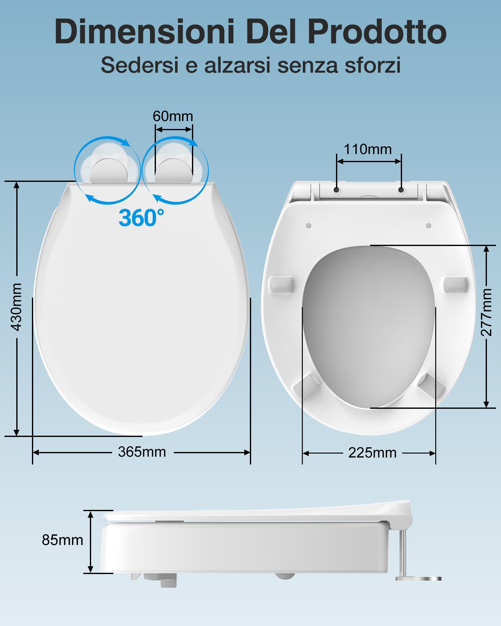 YEAUPE PRO Deska sedesowa z podwyższeniem deski sedesowej, 5 cm, z polipropylenu (PP), wolnoopadająca, zwiększona do 250 kg, antypoślizgowa, łatwy montaż, dla seniorów i po operacji biodrowej