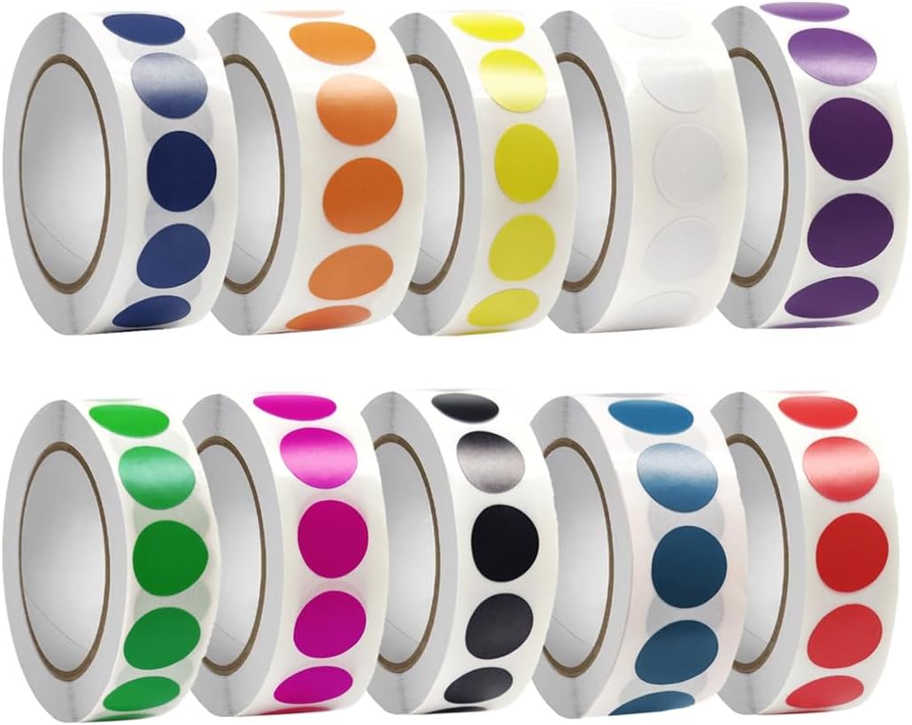 Round Adhesive Dot Stickers, 10 Rolls (10,000 Pcs), Writable Colored Labels, 0.5-Inch Circles for Files, Shelves, Organizing Projects