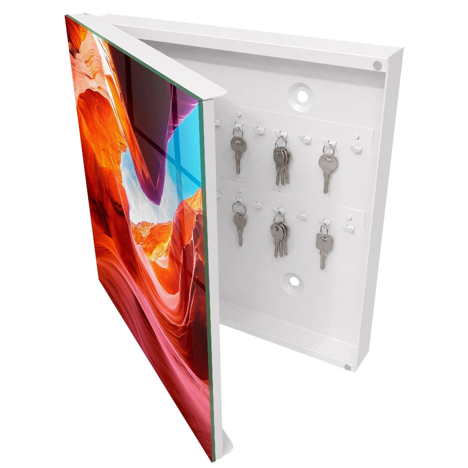 Armadietto Portachiavi 30x30 cm | Bianco | A Sinistra | Montaggio a Parete | Rocce colorate | per Uffici | Frontale Decorativo in Vetro Temperato | in Metallo | Tasselli e Viti Inclusi