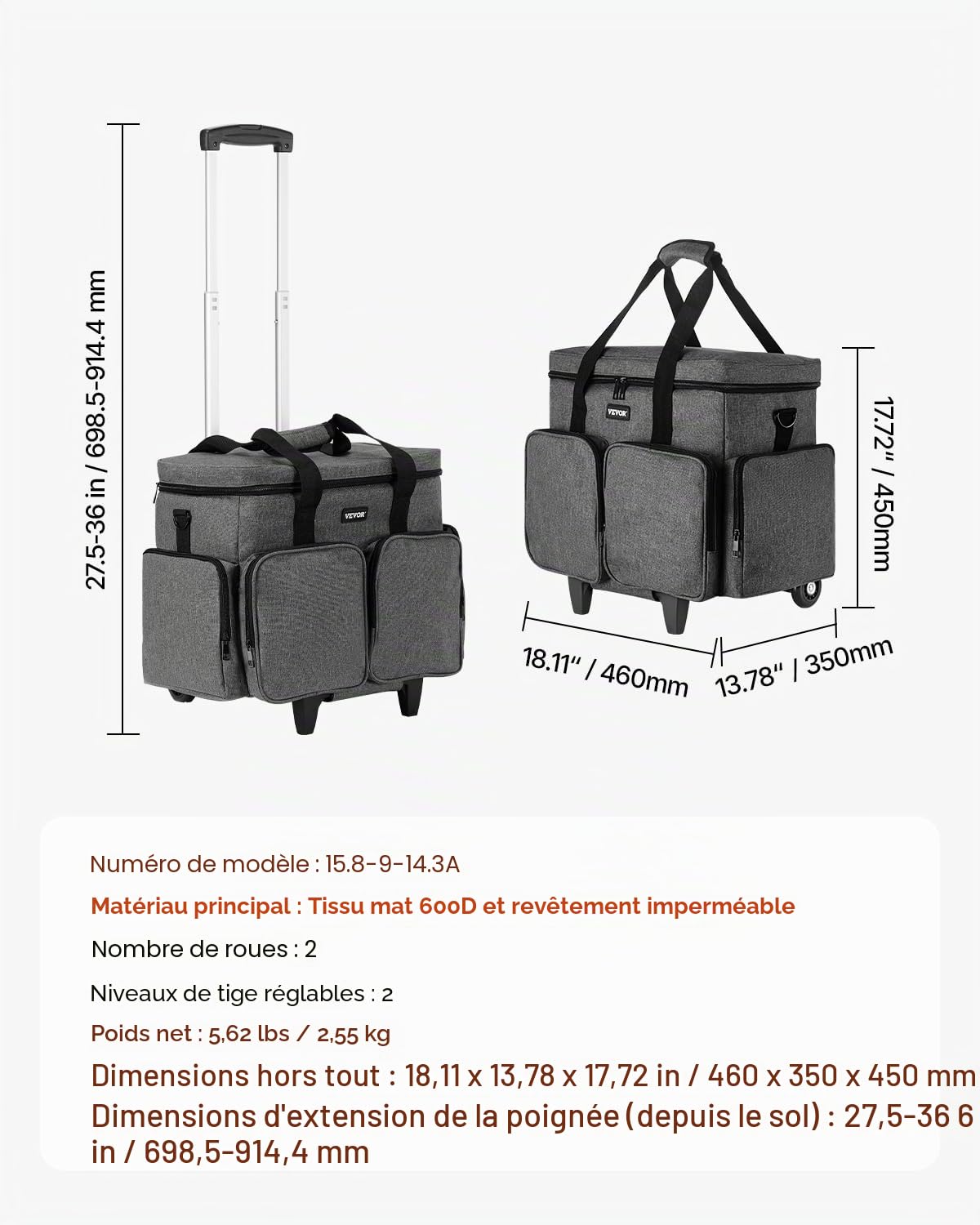 VEVOR Sac à roulettes pour Ordinateur Portable Jusqu'à 15,6 Pouces, Mallette à roulettes de PC avec Chariot Amovible, Poignée Télescopique, Tissu Mat 600D, pour Travail, Voyages, Femmes, Hommes, Gris