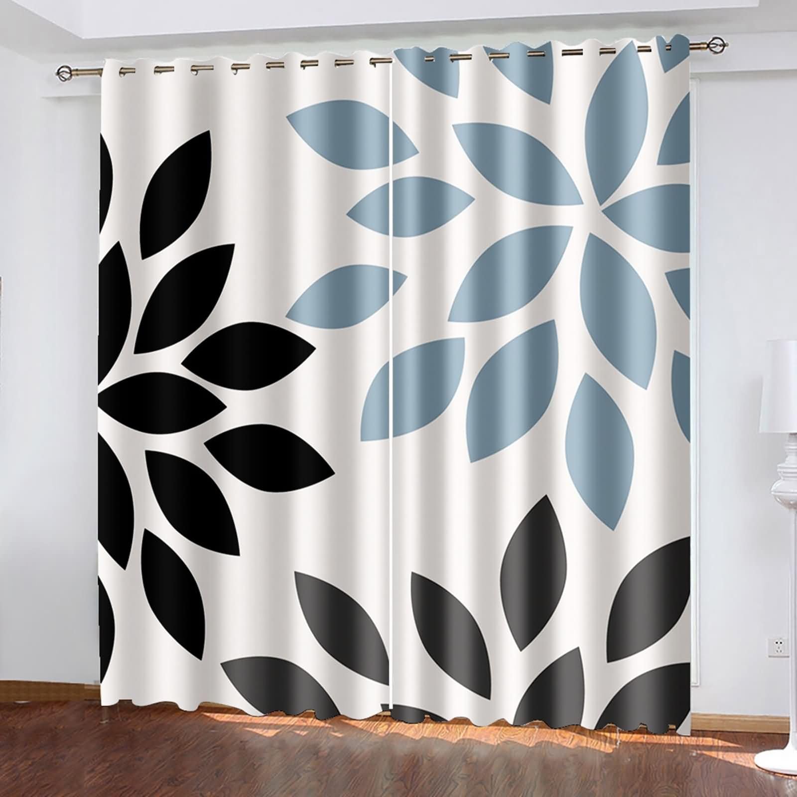 2 Stück Gardinen Blickdicht Schlafzimmer,2 x 234W x 274H cm,Vorhänge Ösen Küche Blütenblattmuster Gardine Vorhang für Küchen Schwarz Blau