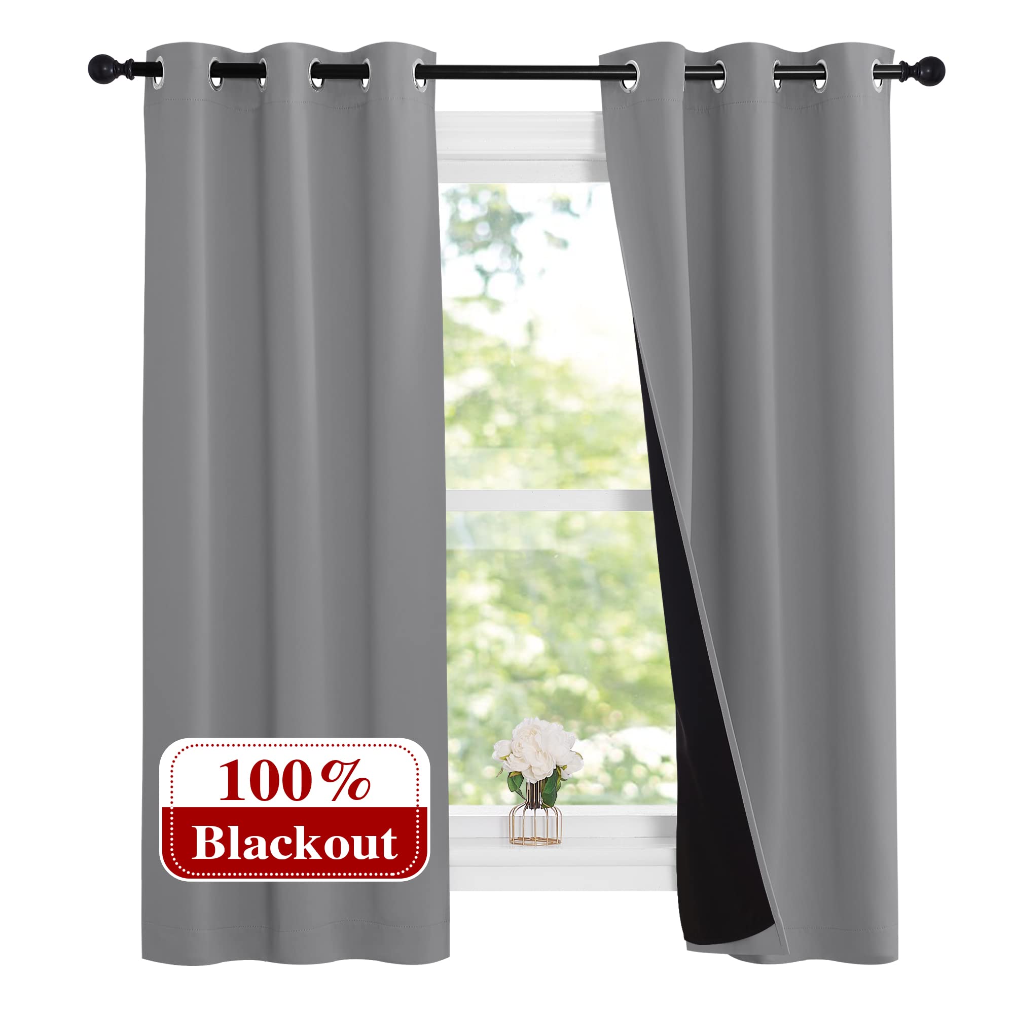 NICETOWN Noise and Lights Block Out Curtains, Thermal Insulated 100% Blackout 2-Layer Lined Drapes, Noise Cancellation Window Draperies for Dining Room (Silver Grey, 2 Panels, 37-inch W by 63-inch L)