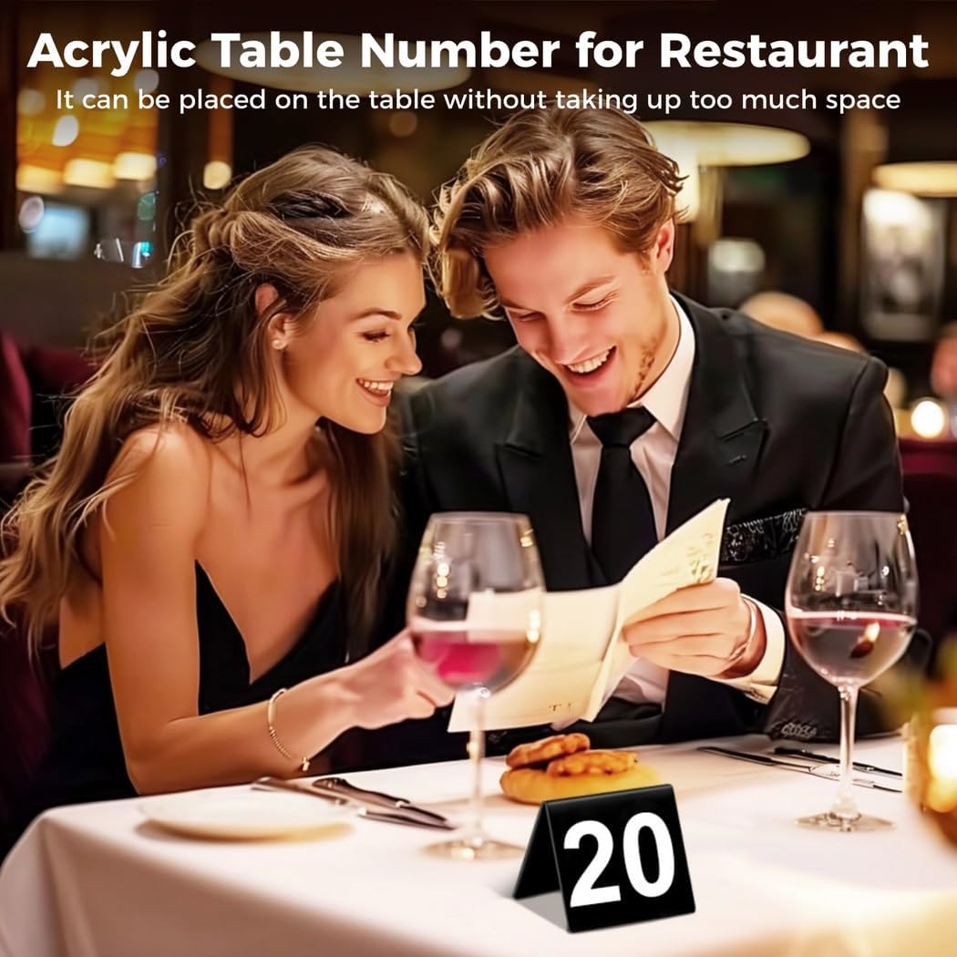Table Numbers, Black Acrylic Table Tents 1 to 50, Double Sided Printing Waterproof Restaurant Table Cards, Tabletop Signs for Parties, Banquets, Weddings, Business Events
