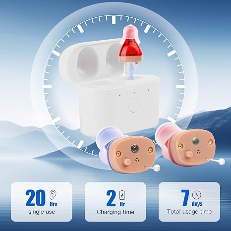 Rechargeable Hearing Aids for Seniors - Noise Cancelling Digital Hearing Aids Amplifiers with Clear Sound & Portable Charging Case for Elderly Adults (Blue and Red)