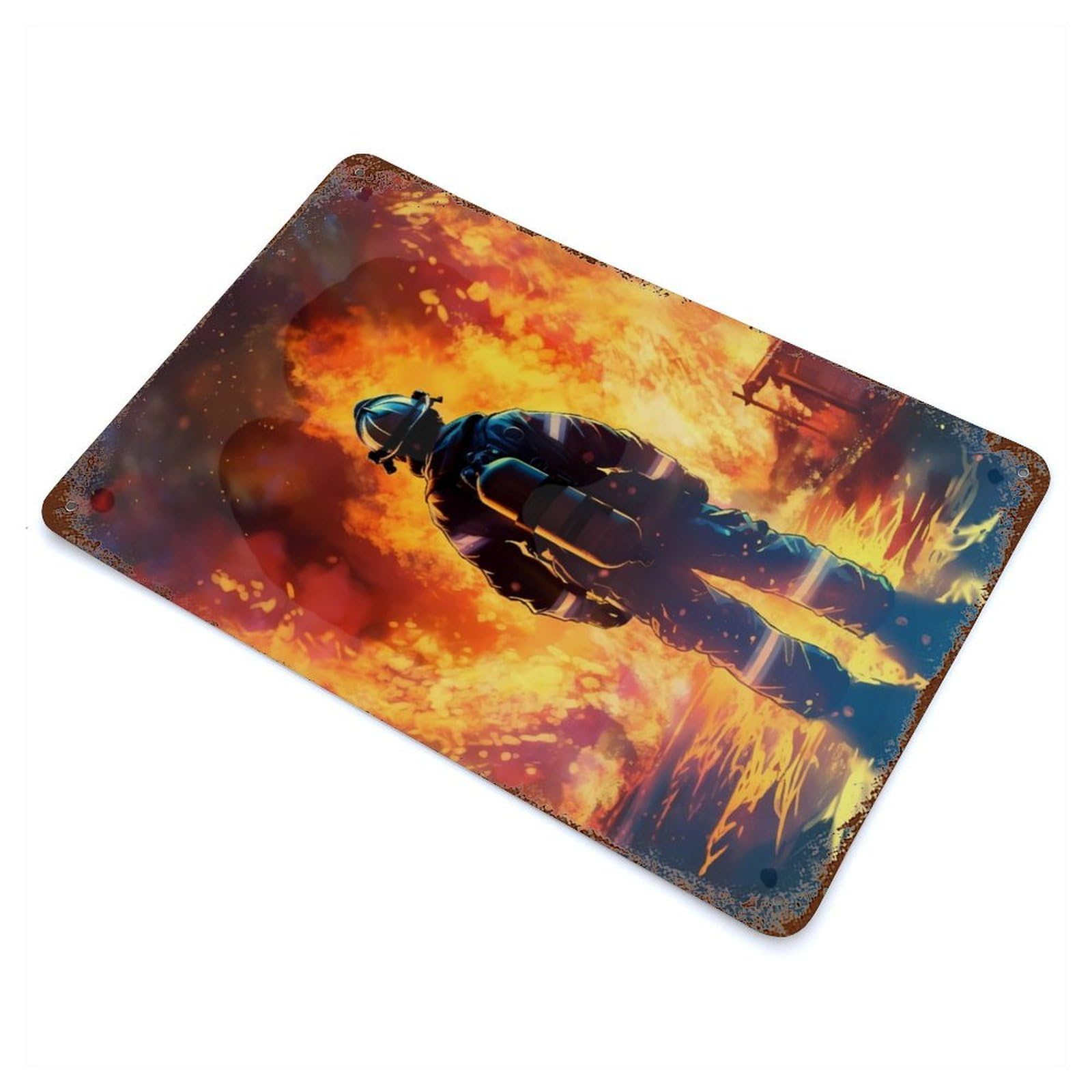 Rusty Metal Tin Sign Firefighter Flames 11.8"x7.9", Classic Wall Plaque for Cafe, Home Bar And Lounge Decor