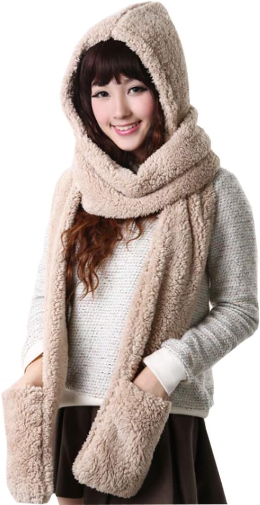 Alltops3 in 1 Women Hooded Scarf With Mittens Neckwarmer Hoodie Pocket Hat