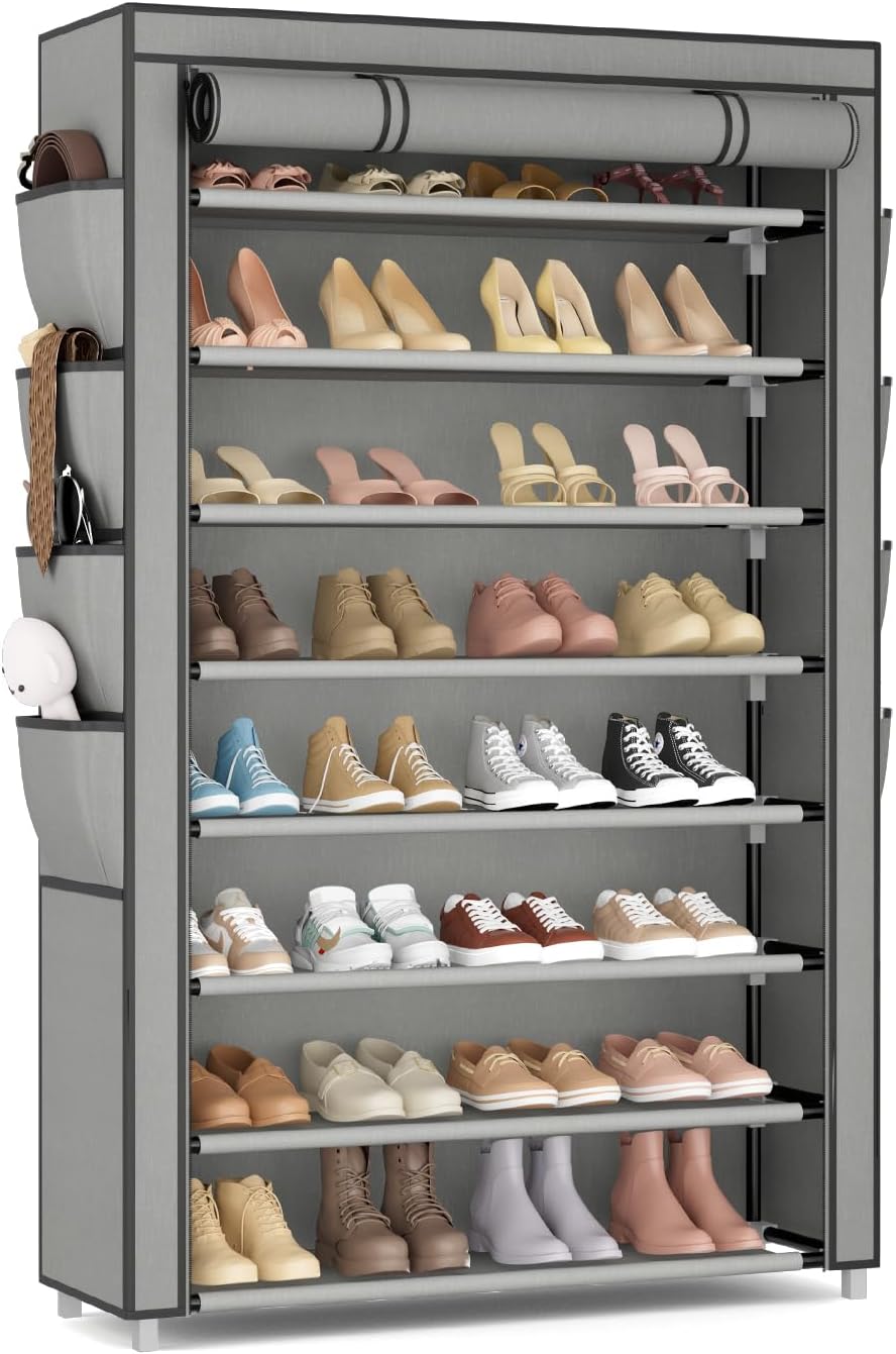 Shoe Rack with Cover, 8 Tier Tall Shoe Organizer Storage for 36-45 Pair Shoes and Boots Large Shoe Storage Shelf Free Standing Shoe Rack for Closet, Front Door Entrance, Dorm, Garage, Grey