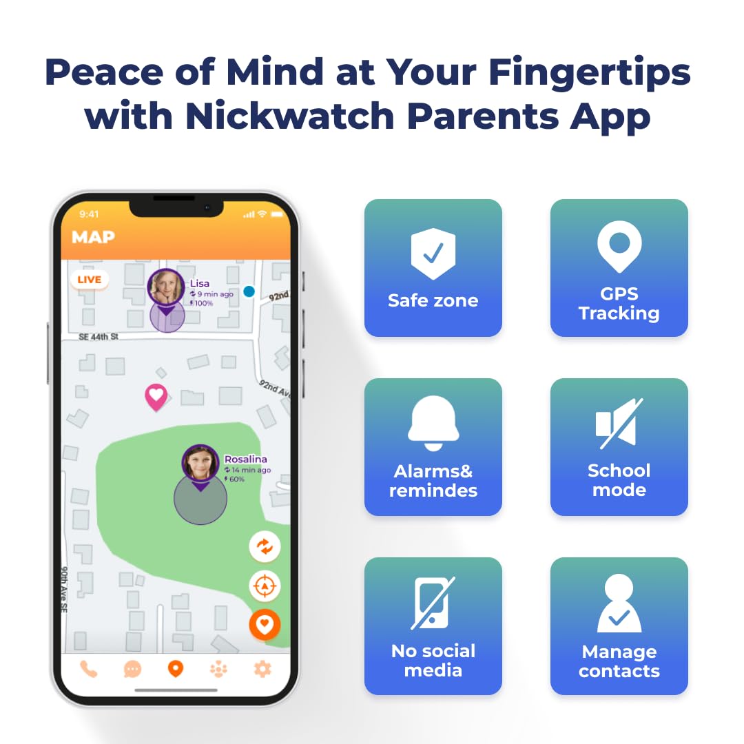 Reloj inteligente Nickwatch de Nickelodeon con GPS - Seguimiento en tiempo real - Zona segura - Llamada de emergencia – Duradero, resistente al agua - Comunicación bidireccional - Requiere suscripción