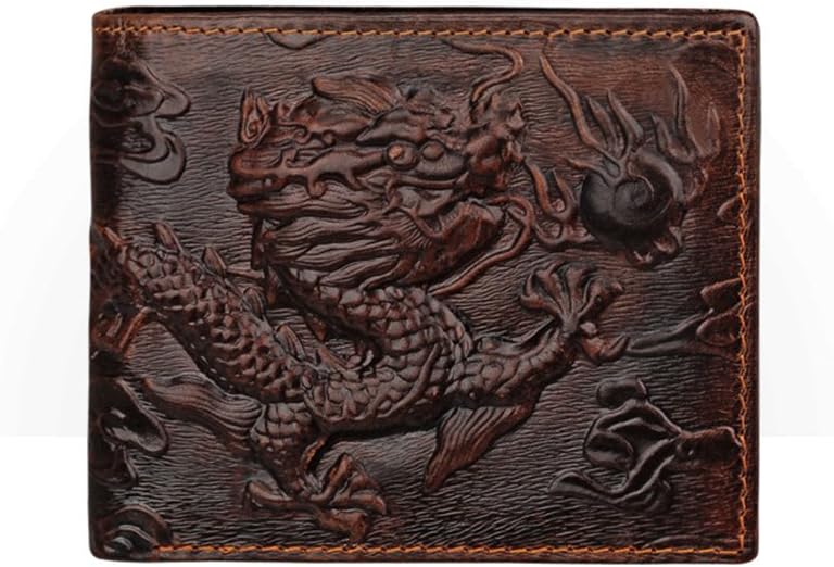 Mens Brown Genuine Leather Wallet with Credit Card Holder Dragon Pattern S