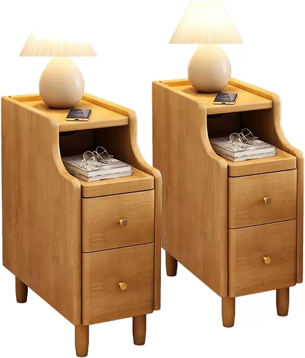 DECAKE Bedside Chest Narrow Nightstand Tall Table With Drawers Cabinet Set Of 2 Slim Bedroom Side End Tables Colors(Size:20cm,Color:Natural-2pcs)