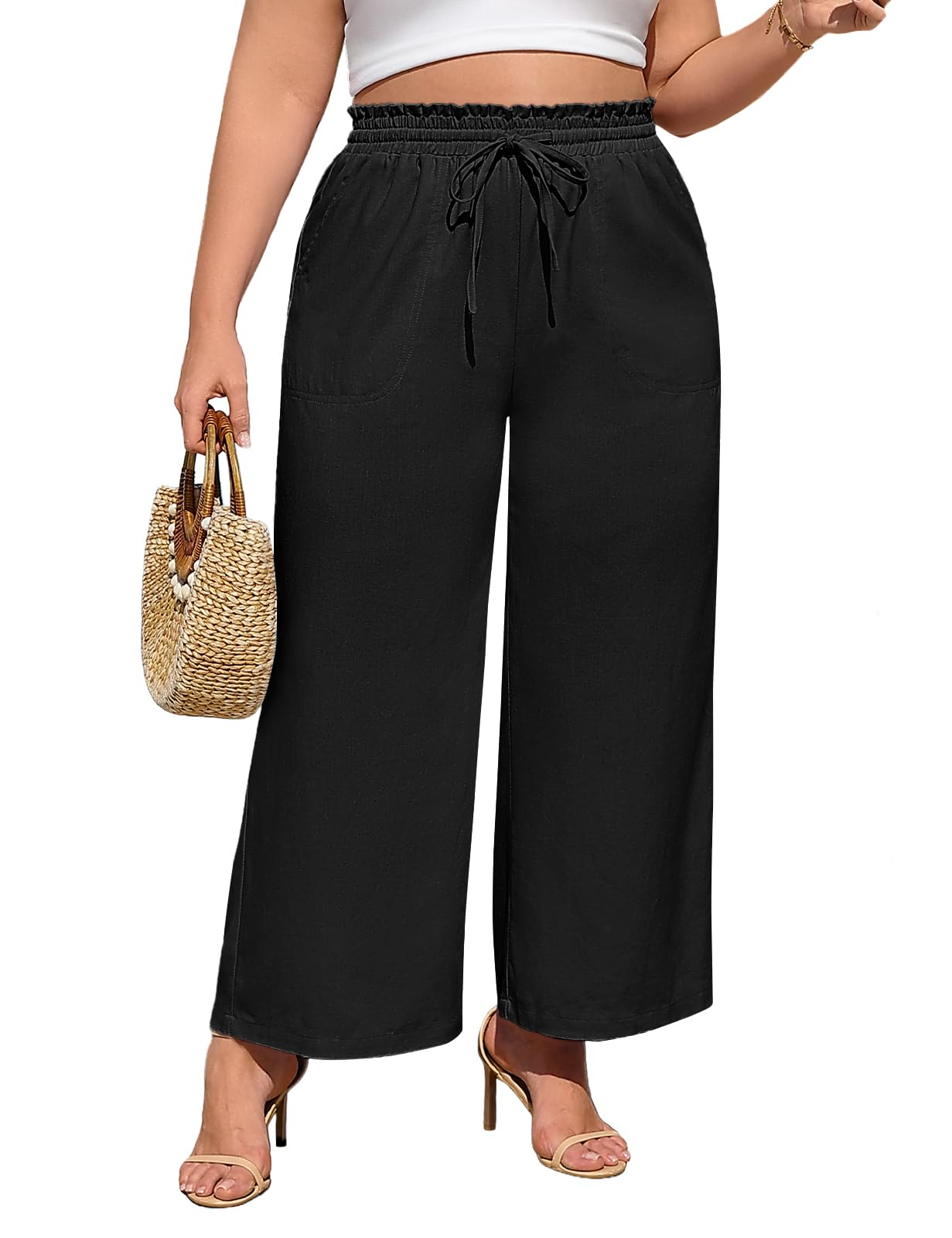 Pantalones de Lino Mujer Verano Ligeros Pantalones Tallas Grandes Elegante Cintura Alta Elástico Pantalon Palazzo Largos Casual Cómodos Frescos con Bolsillos