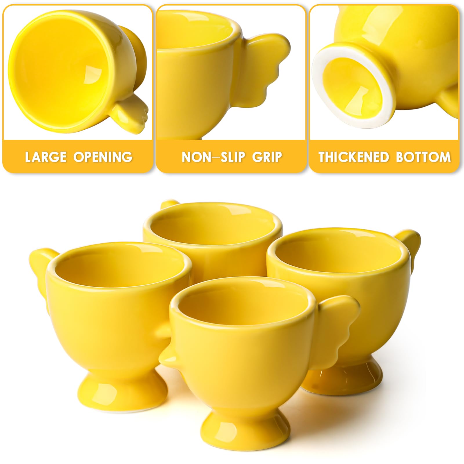 Lot de 4 coquetiers mignons en porcelaine pour petit déjeuner bouilli, support amusant pour œufs à la coque, cuisine de petit déjeuner, plateau à œufs en porcelaine jaune (4, jaune)