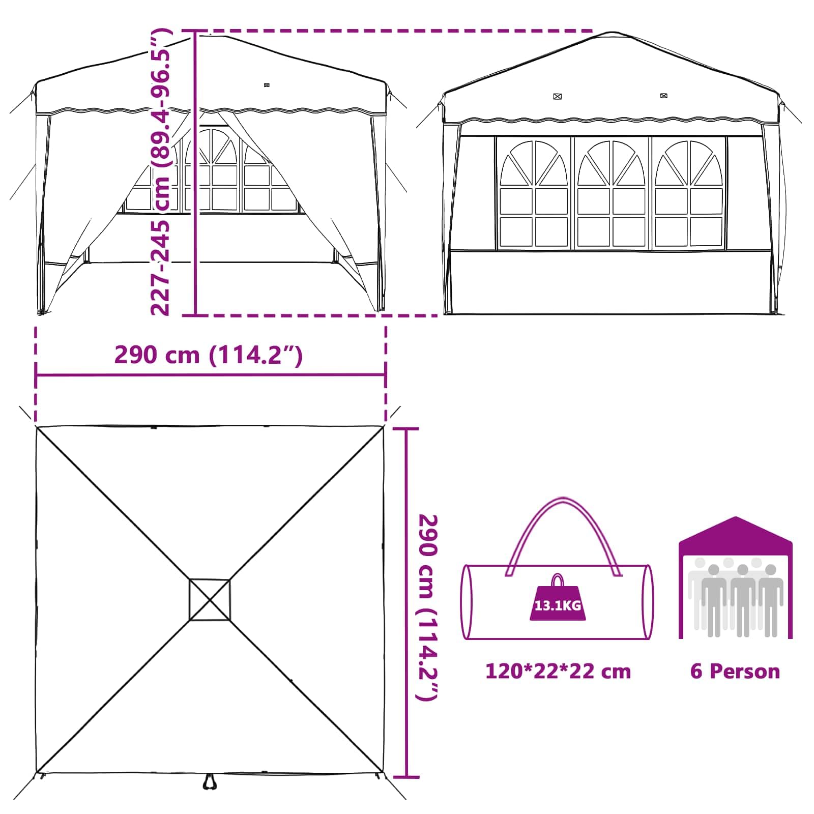 Namiot imprezowy Pop-up, zielony, 288 x 288 x 245 cm, materiał Oxford, odporny na warunki atmosferyczne, z ochroną UV i stabilną metalową ramą, idealny do ogrodu, na taras, kemping, wesele