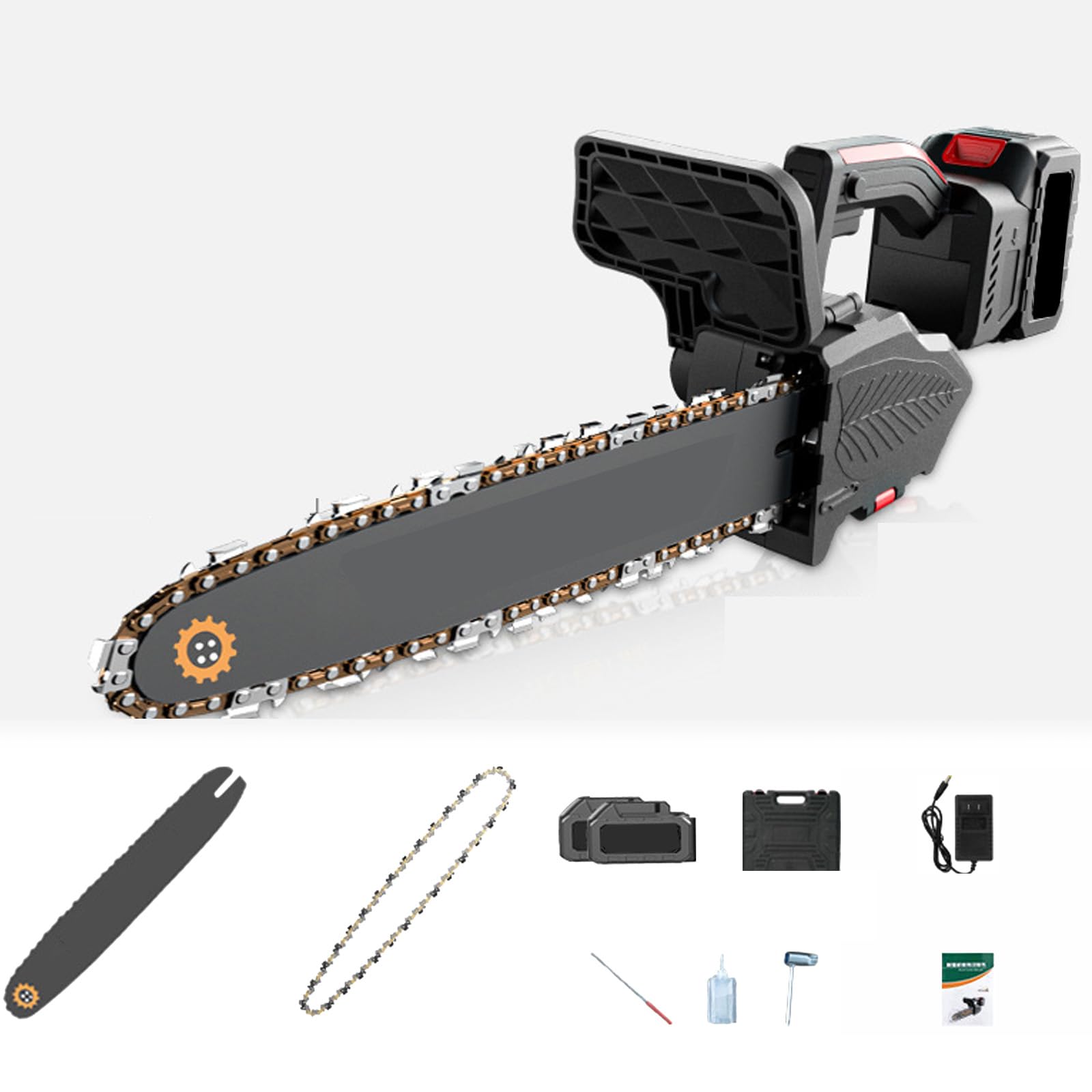 Sierra De Cadena Eléctrica De Mano,Sierra De Mano De Alta Potencia De 12" 21 V,Sierra De Cadena Recargable con Batería De 4500 Mah*2,Adecuada para Talar Madera Y Partir Leña