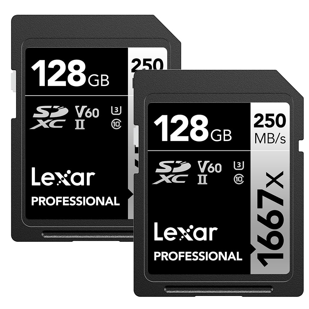 Lexar Tarjetas de Memoria SDXC Profesionales de 128 GB (Paquete de 2) 1667x, UHS-II, C10, U3, V60, Video Full-HD y 4K, hasta 250 MB/s de Lectura, para fotógrafos Profesionales, videógrafos,