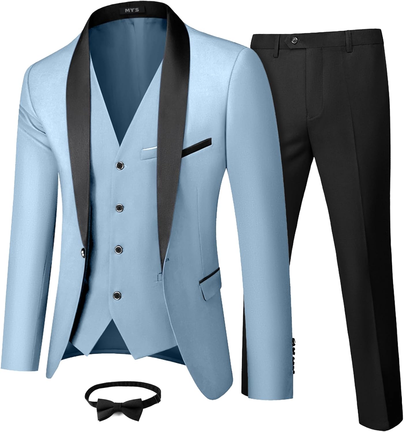 MY'S Mens 3 Piece Tuxedo Set with Bow Tie, Shawl Lapel One Button Jacket Vest & Pants, Slim Fit Suit Prom Party Wedding Tux