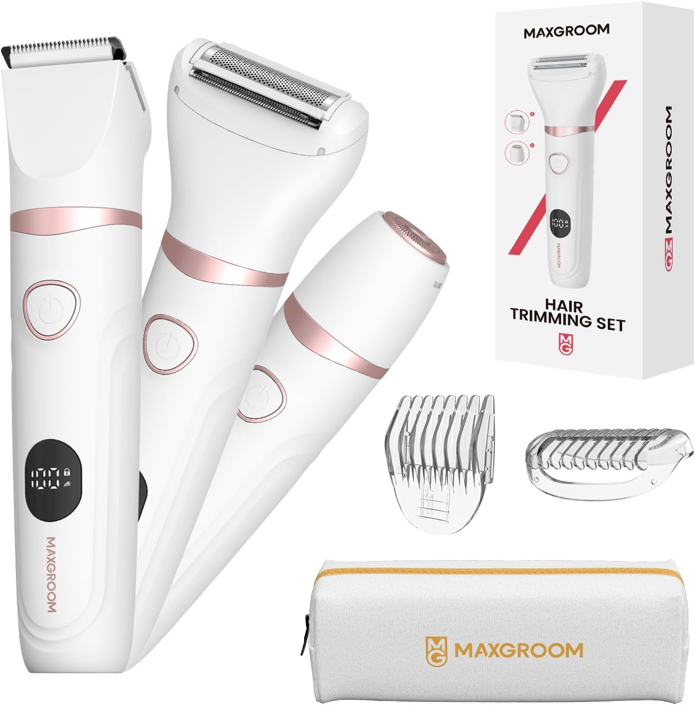 Afeitadora Eléctrica Mujer, MAXGROOM Set de Depiladora Electrica 3 en 1 para Mujer, IPX6 Utilizable en seco/mojado Recortadora Corporal Mujer, Apto para Facial, Cuerpo y Las Zonas íntimas ClimeCo Certified