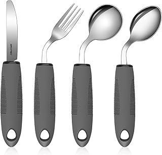 4-Teilig, Easy Grip Besteck 42° Winkel Besteck mit Dickem Griff Behinderten Esshilfen Rutschfeste Griffe Löffel Messer Gabel Besteckfür für Handzittern Arthritis Parkinsons (Linkehänder)