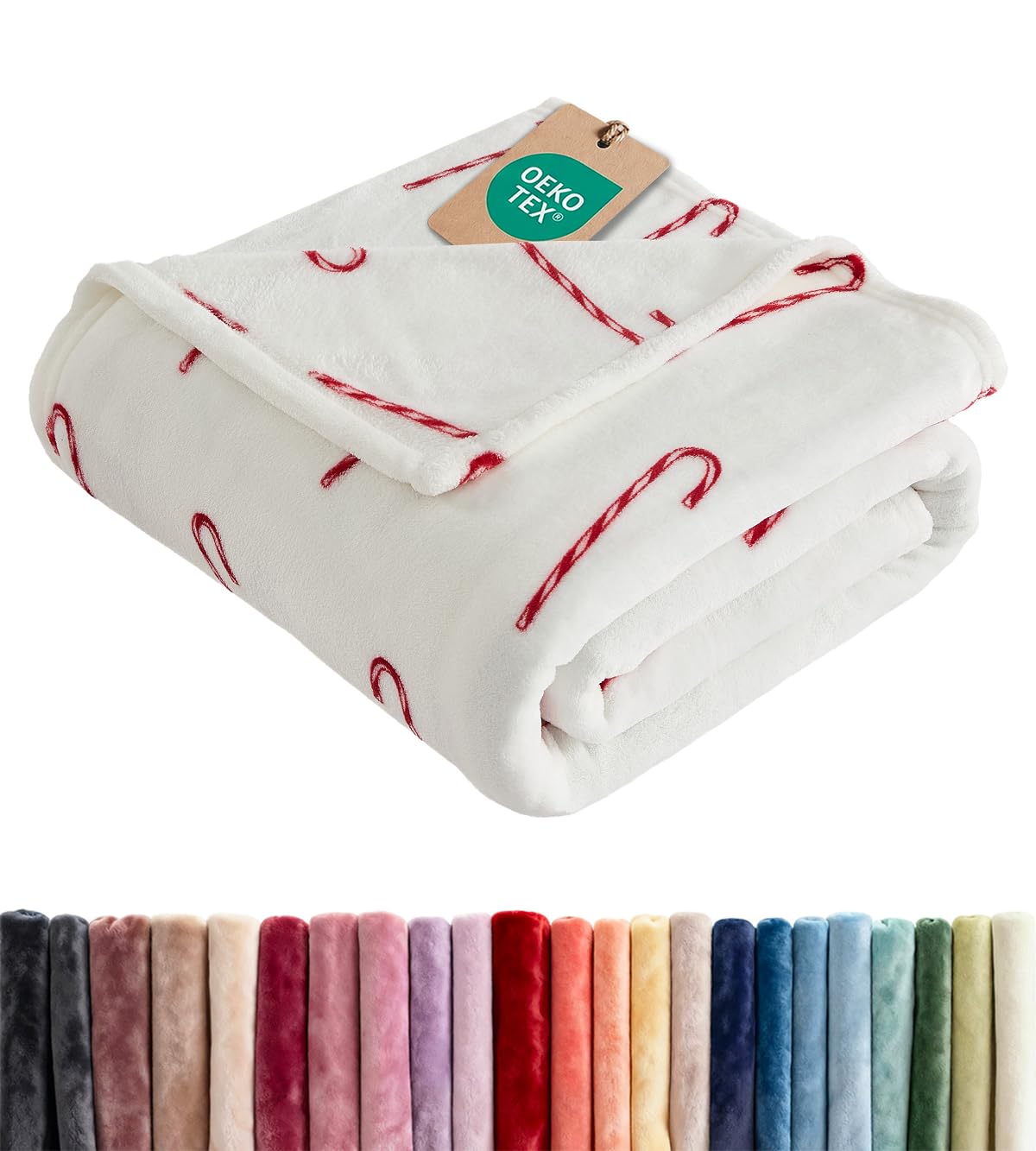 Christmas Fleece Blanket Queen Size - Flannel Throw - Candy Canes, 90x90