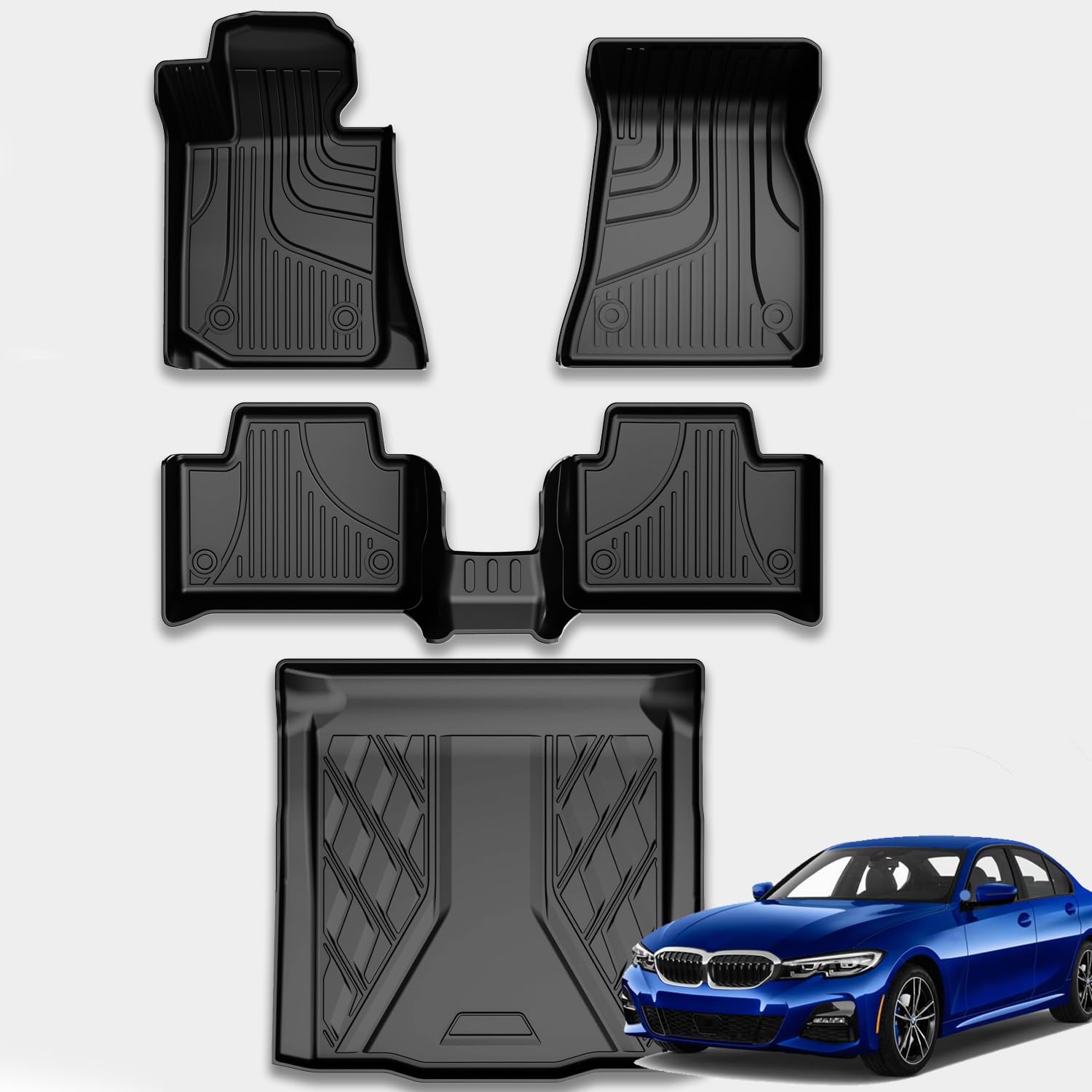 floor mats & cargo mat custom fit 2019-2026 bmw 3 series sedan (without spare tire compartment) - all weather floor liners for 3 series 330i m3 m340i car mats accessories black (not for gt)