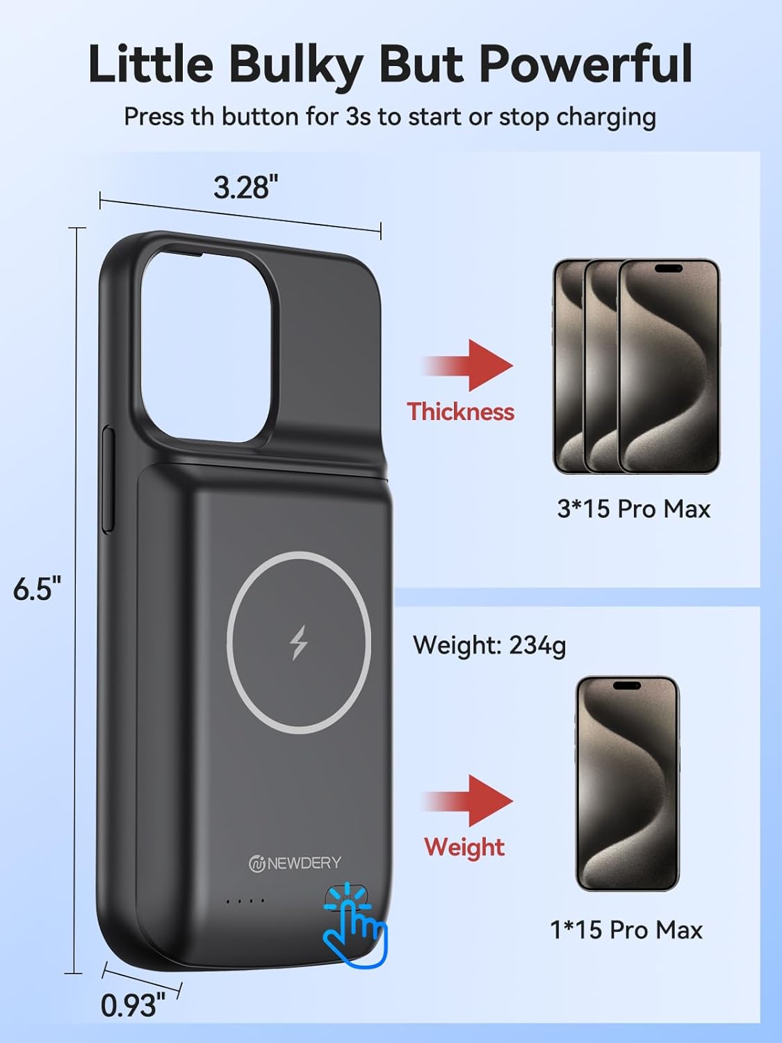 NEWDERY 10000mAh Battery Case for iPhone 15 Pro Max/Plus, USB C Qi Wireless Charging,Portable Protective Charger Case Battery Pack
