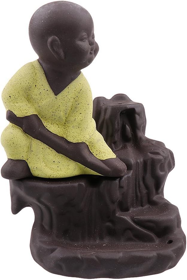 eCraftIndia Karate Style Monk Buddha Smoke Backflow Cone Decorative Incense Holder (7 cm x 7 cm x 12, Yellow)