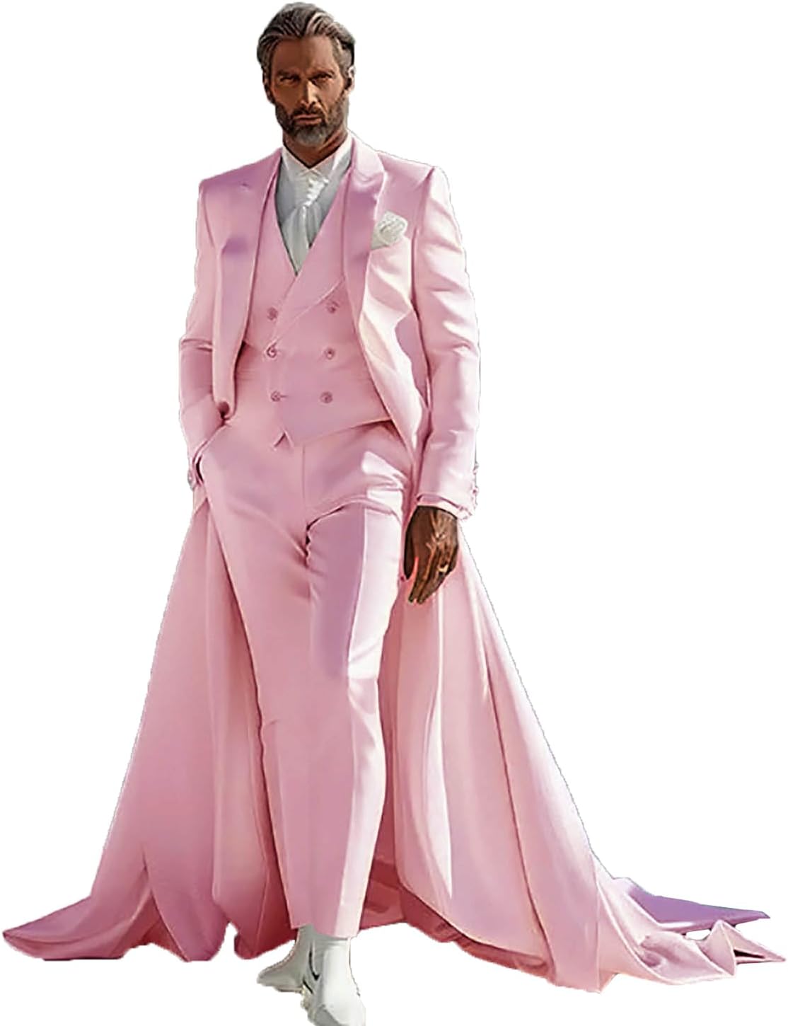 Men Formal Suit with Floor Length Cloak 3 Pieces Long Blazer Vest and Pants Satin