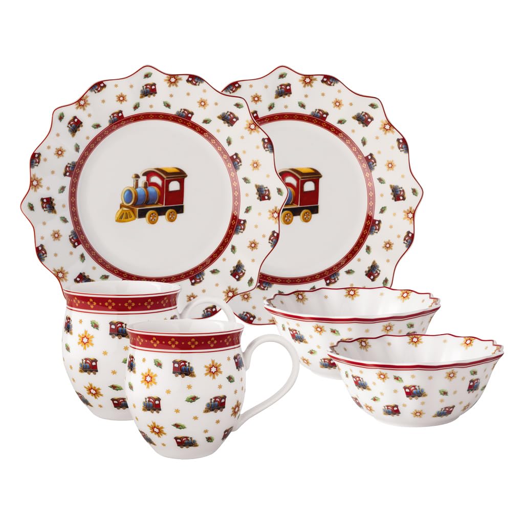 Villeroy & Boch - Toy's Delight set da colazione per 2, motivo locomotiva 6 pezzi multicolore, Natale, servizio con piatti da colazione, tazze e ciotole, stoviglie natalizie, porcellana Premium