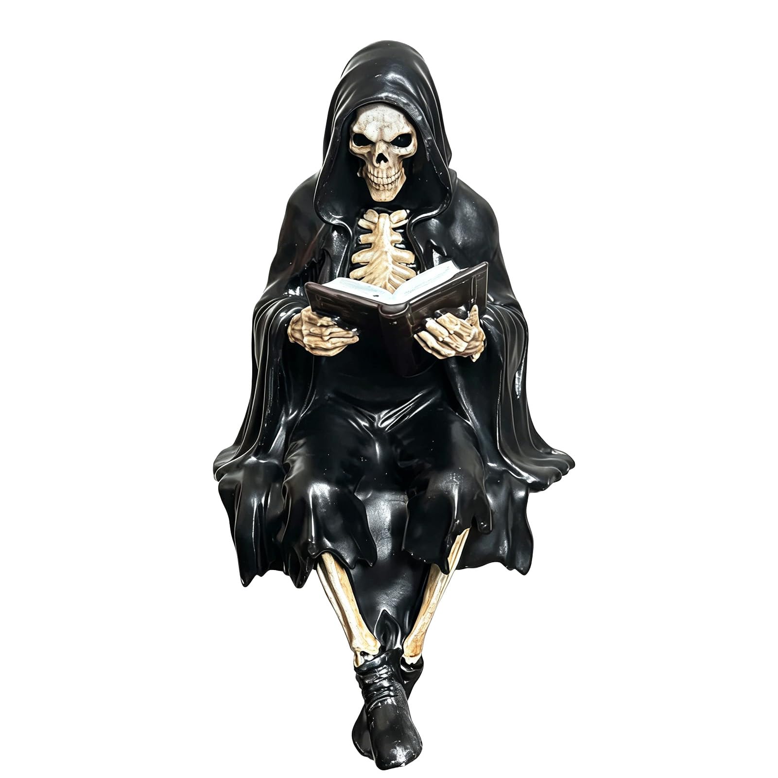 RetroNest Gothic Dark Fantasy Figurine,Grim Reaper Reading Statue Resin Bookshelf Decor,Halloween Shelf Sitter For Gothic Home Mystery Hooded Design Spooky Dark Art Collectible Gift S C