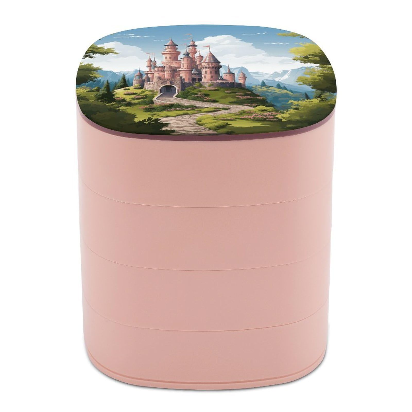 VstaDank Fairy Tale Castle Jewelry Box with Mirror Travel Small Jewelry Case for Women 4-Layer Rotatable Jewelry Organizer Storage Box Portable Jewelry Storage Case for Rings Earrings