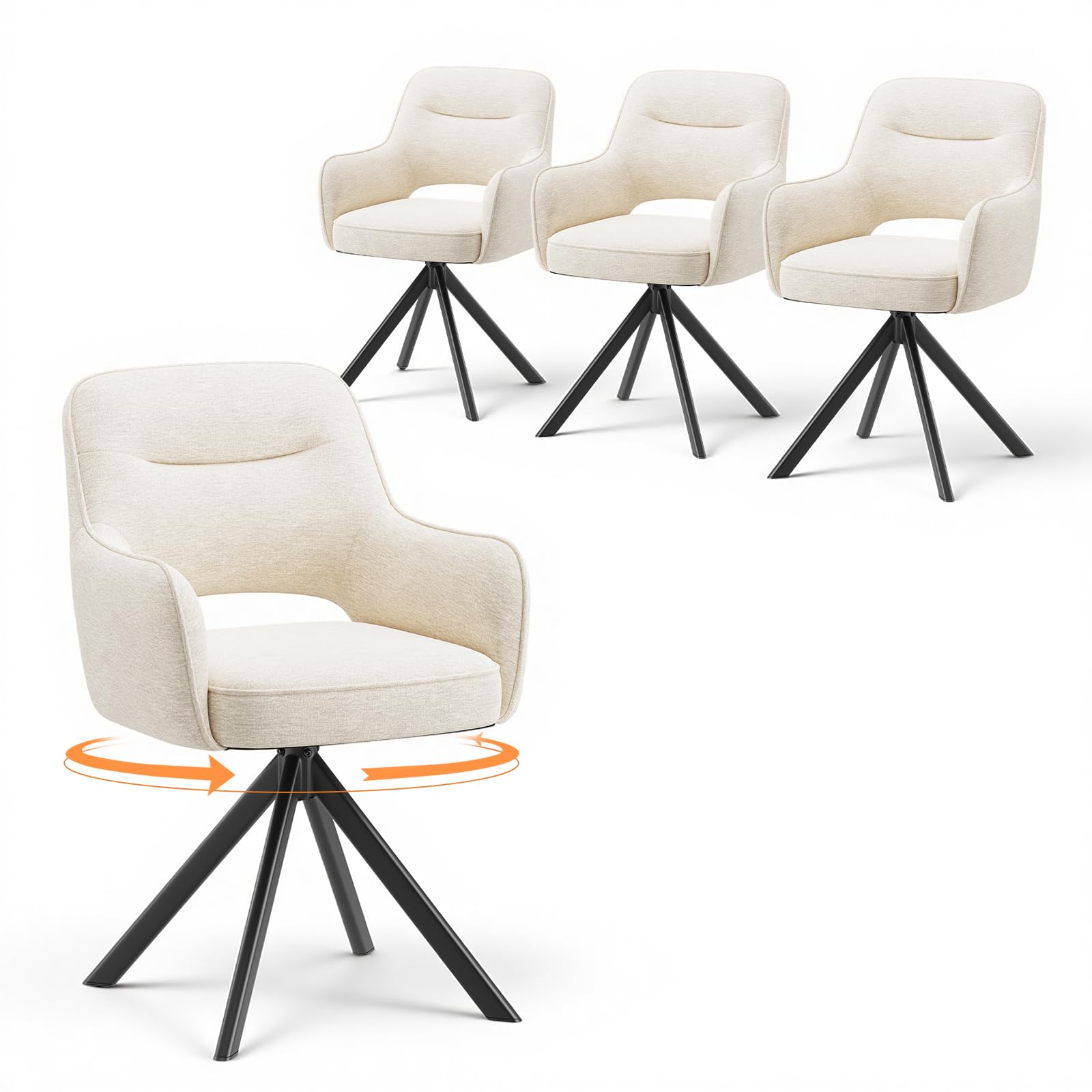 COLAMY Drehbare Esszimmerstühle 4er Set mit Armlehnen, Drehbare Polsterstühle für Küche & Esszimmer aus weichem Florstoff mit Metallgestell und Rückenlehne, für Esszimmer, Küche, Büro,Beige