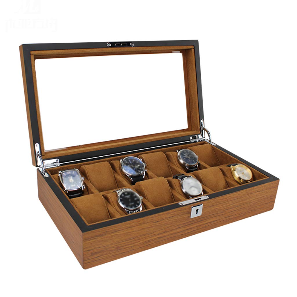 MUSUMI Caja de exhibición de reloj de Madera con 12 ranuras, organizador de almacenamiento de joyas con tapa de Cristal con almohada de almacenamiento extraíble, cumpleaños para Hombres y Mujeres