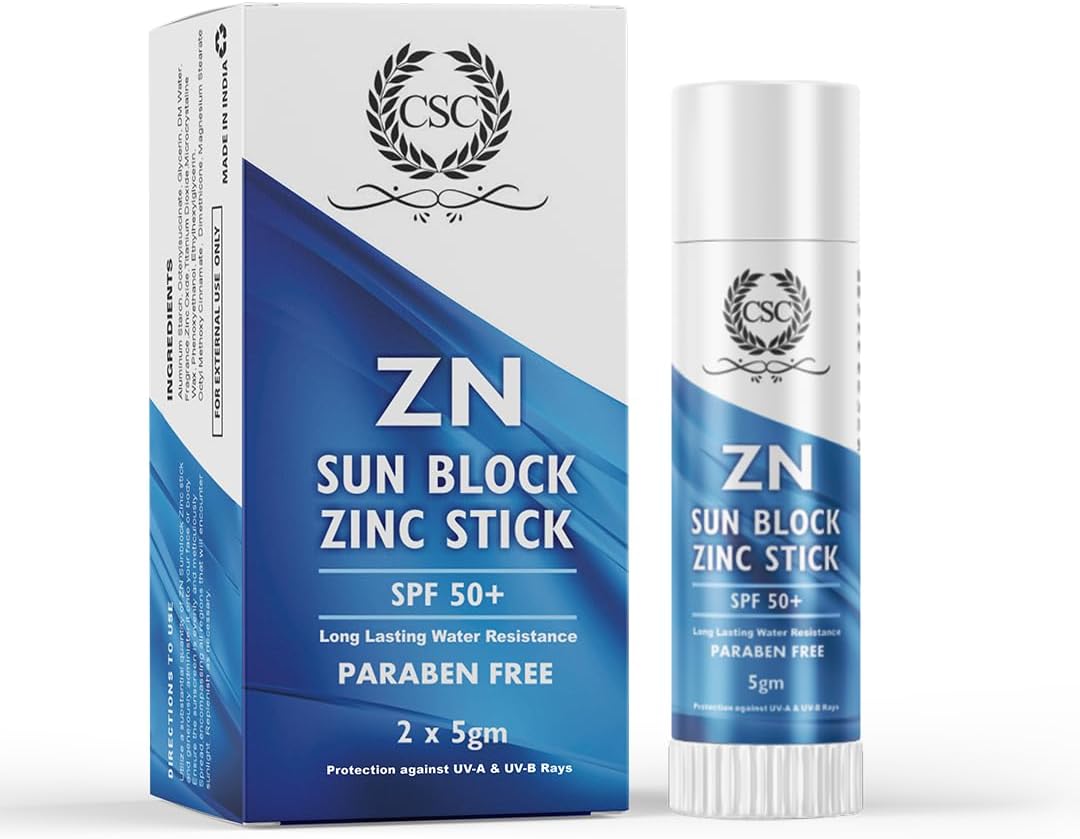 CSC ZN Sunblock Zinc Oxide Cream Stick - SPF 50+ Broad Spectrum Sports Sunscreen Stick (cricket, football, swimming, jogging, cycling, biking), Sweat & Water Resistant, Paraben Sulphate Free, 10g