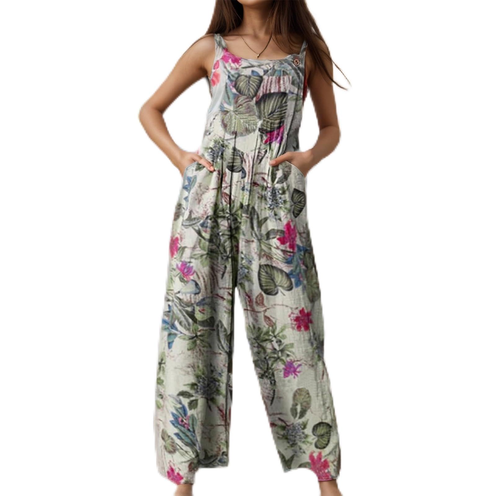 Macacões femininos casuais folgados peça única boho floral macacão de verão com bolsos