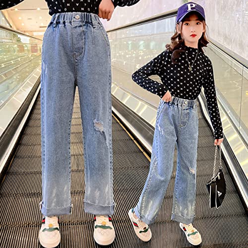 Milokado Big Kids Girls Elastic Waist Wide Leg Jeans Casual Demin Baggy Pants Size 5-14（13-14 Years，Light Blue） #TOP4