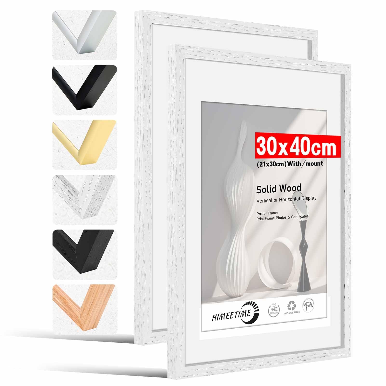 HIMEETIME® 2x Marco de fotos 30x40 cm Blanco de Madera marcos cuadros con soporte de A4 (21x 29.7cm),Para Decoración de Pared y Decoración hogar marco 30x40 cm
