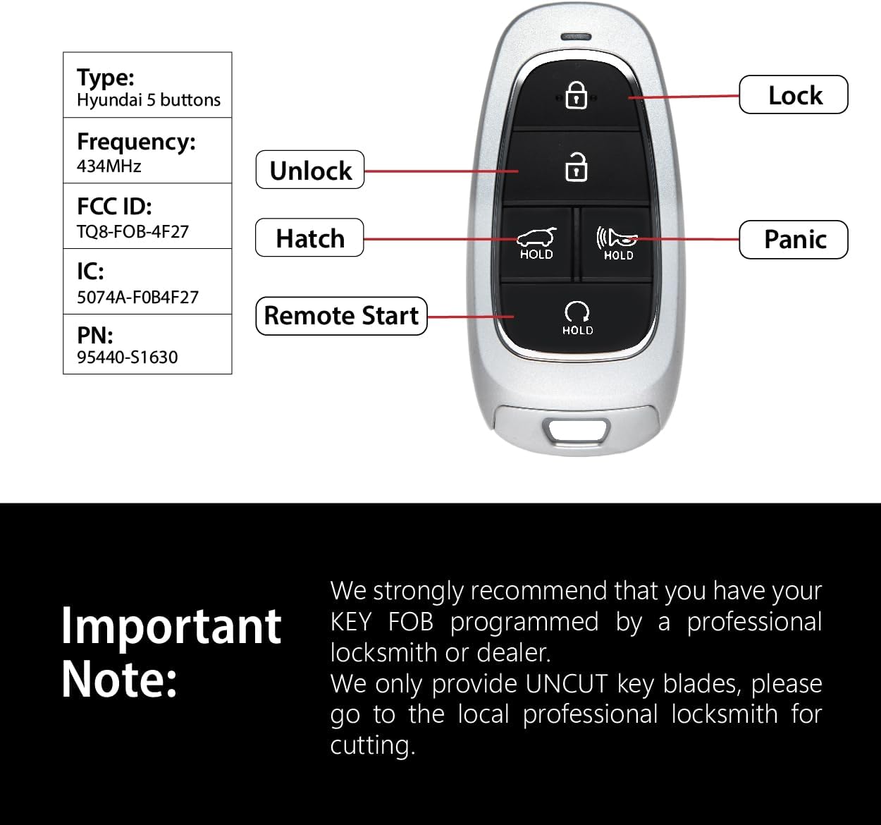 Replacement for 2023 Hyundai Santa Fe Key Fob Remote Control TQ8-FOB-4F27 5 Buttons 434MHz