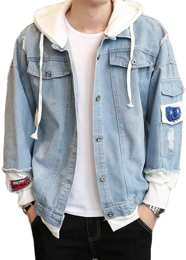 Lavnis Men's Denim Hooded Jacket Casual Button Down Ripped Jeans Jacket Coat Outwear