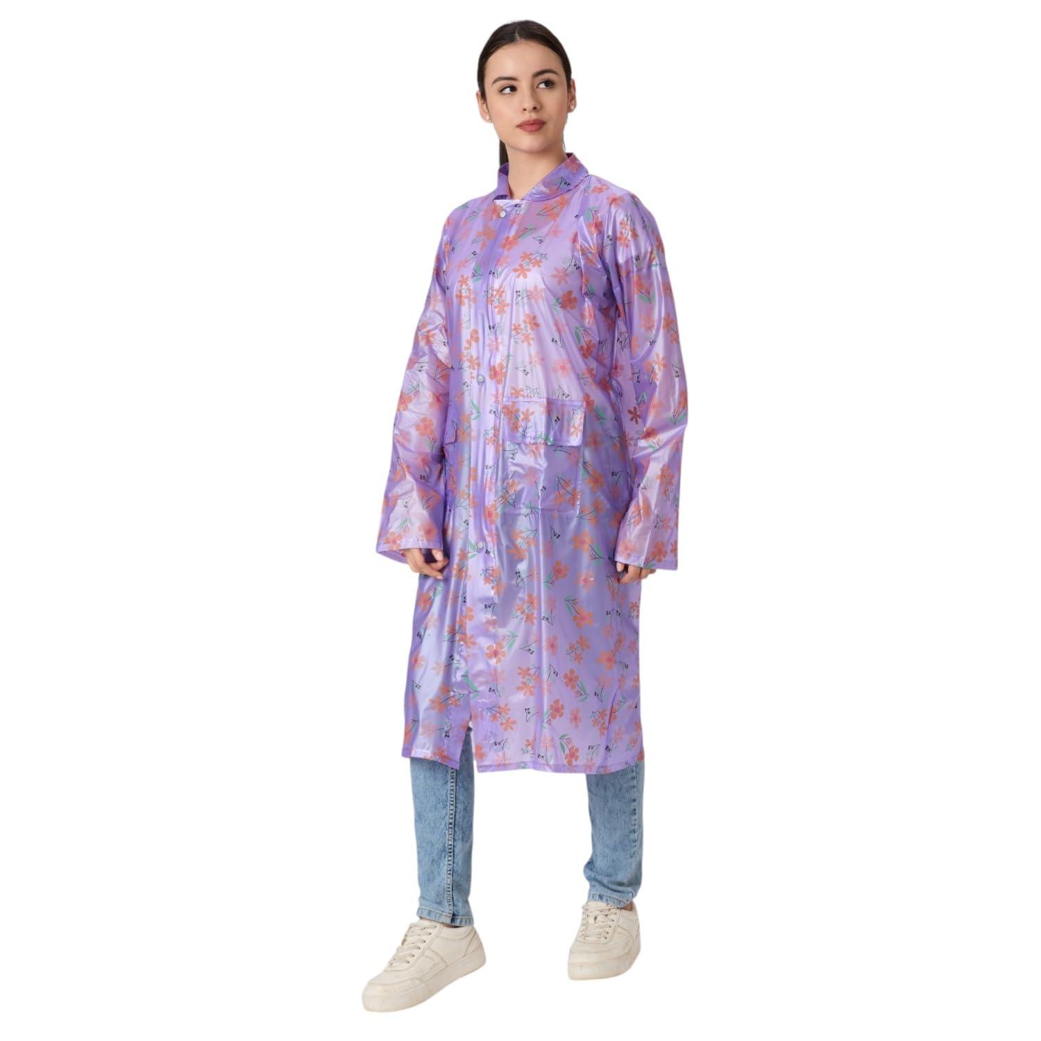 Women Waterproof Printed Raincoat with Front Button Closure, Full Sleeves, Pockets & Lightweight Reusable Rain Wear for Travel, Office, Bike Riding & Daily Use-image-21