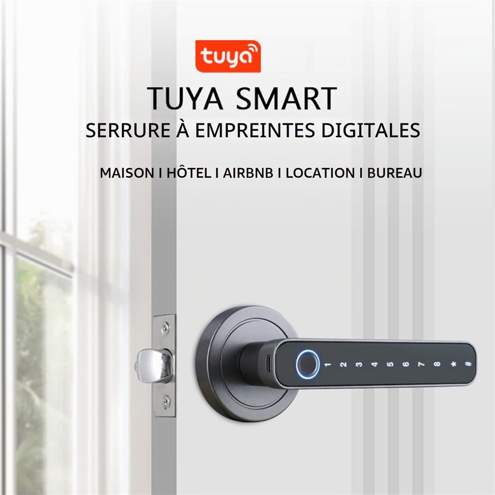 Serrure de porte intelligente à empreinte digitale, Serrure de porte d'entrée biométrique sans clé à empreinte digitale, 4 façons déverrouillées Tuya BT Connexion APP Mot de passe