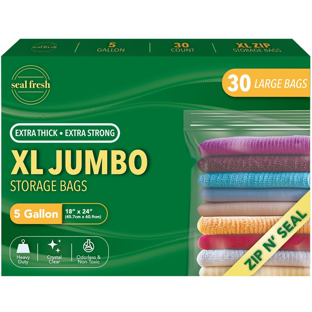 Seal Fresh 5 Gallon Large Plastic Storage Bags – 18" x 24" (30 Count) – Reusuable XXL Extra Large Heavy Duty Clear Jumbo Freezer Zip Bags with
