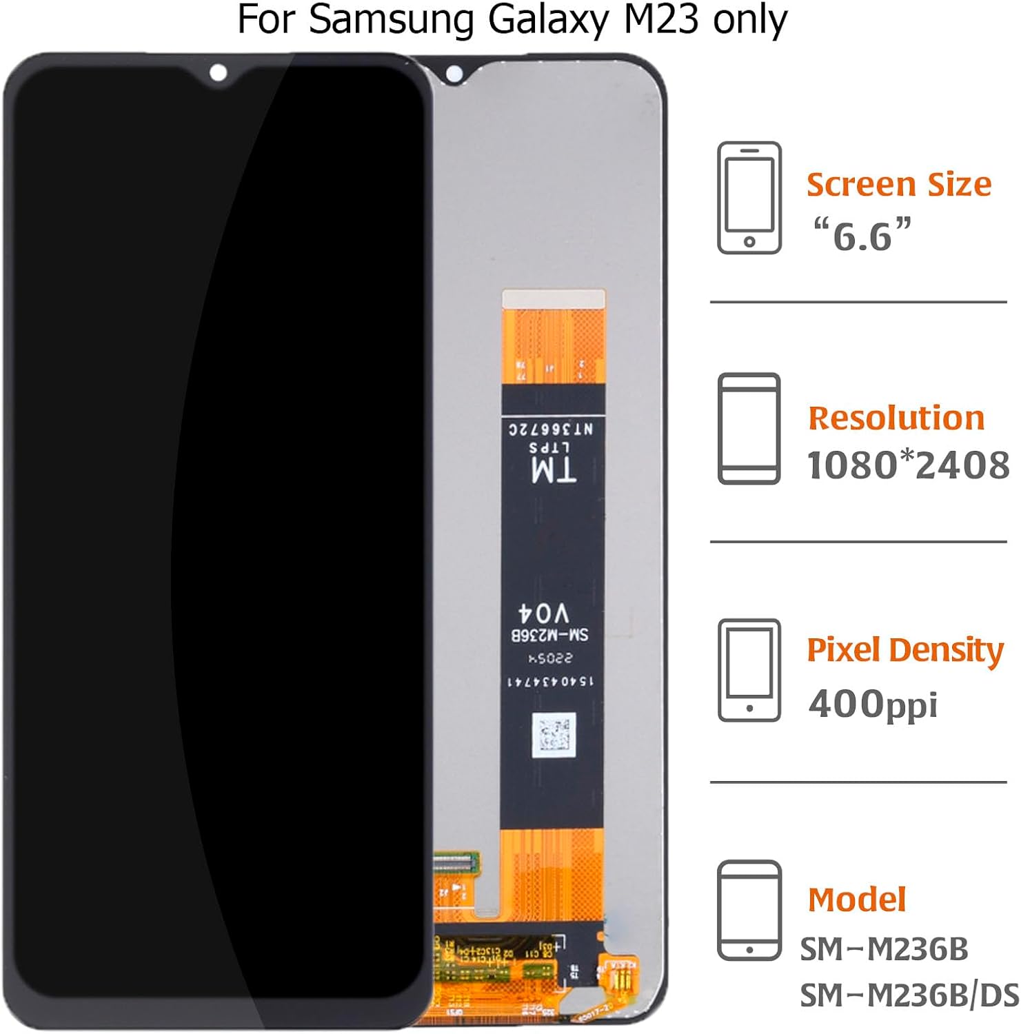 Samsung Galaxy M23 screen replacement kit with specifications