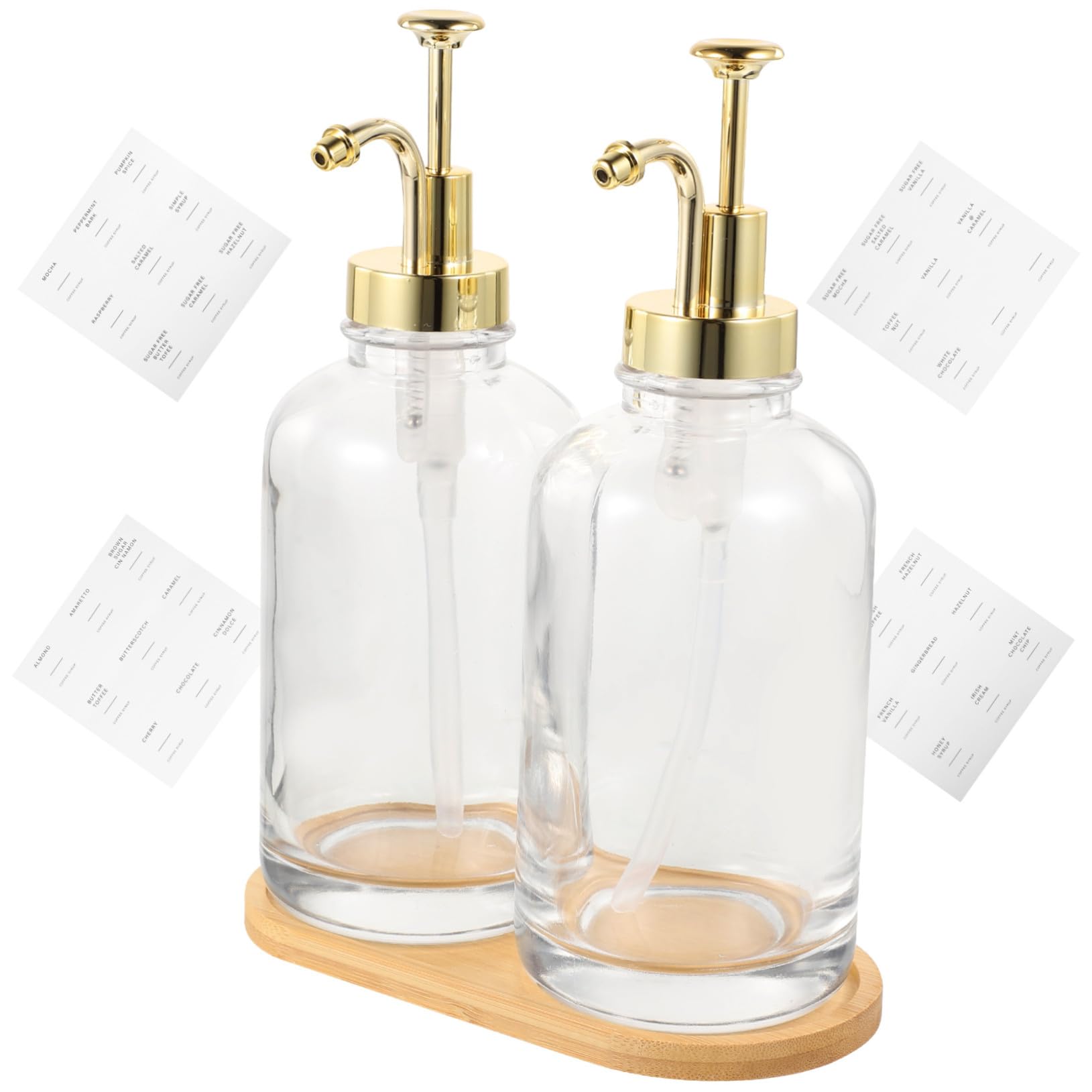 Dispenser Sciroppo in Vetro con Pompa con Etichette e Vassoio Trasparente per Sciroppo Lozione e Bevande Protezione da Impurità Design Compatto e Decorativo per